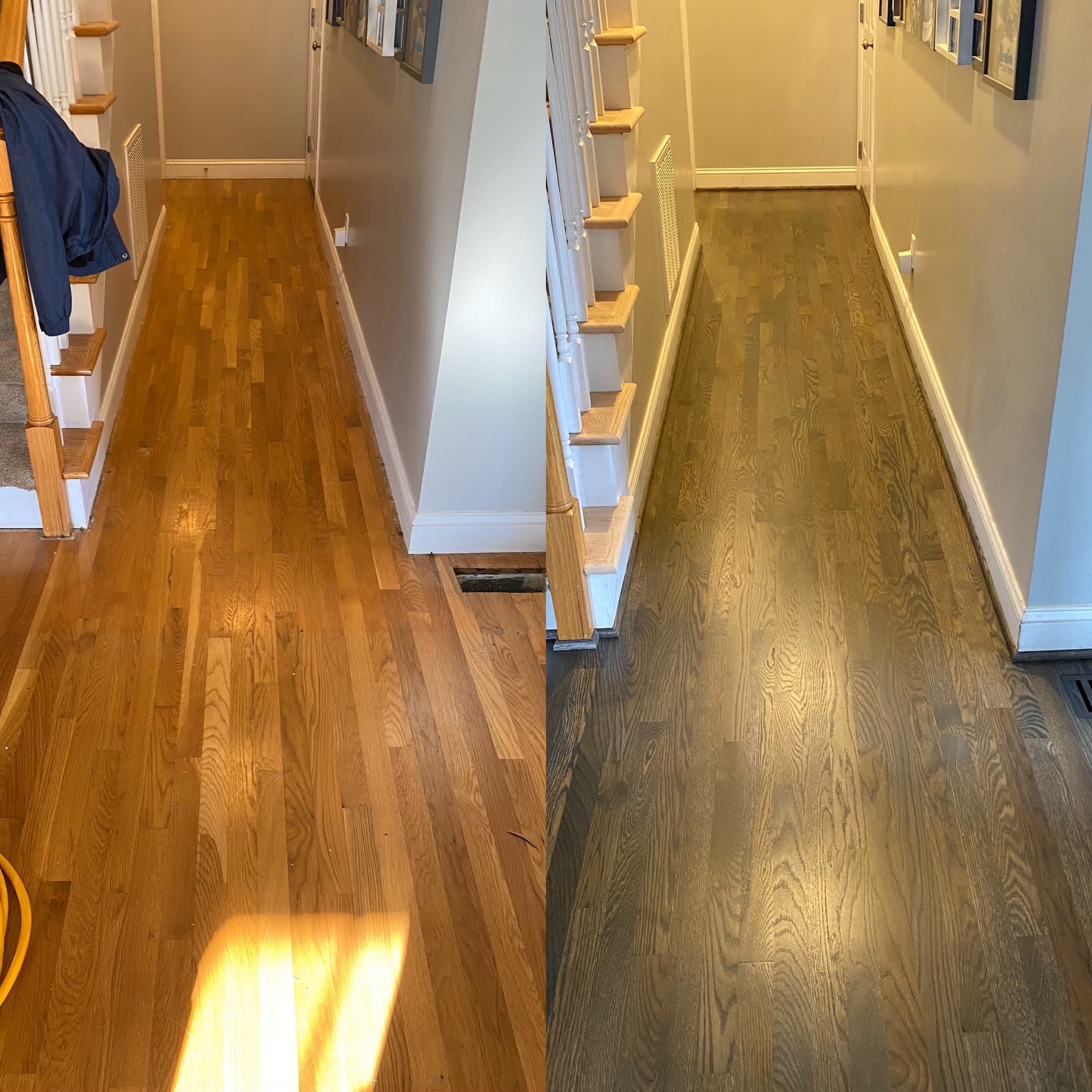 red oak hallway before and after refinishing stained Bona Driftwood Clayton NC
