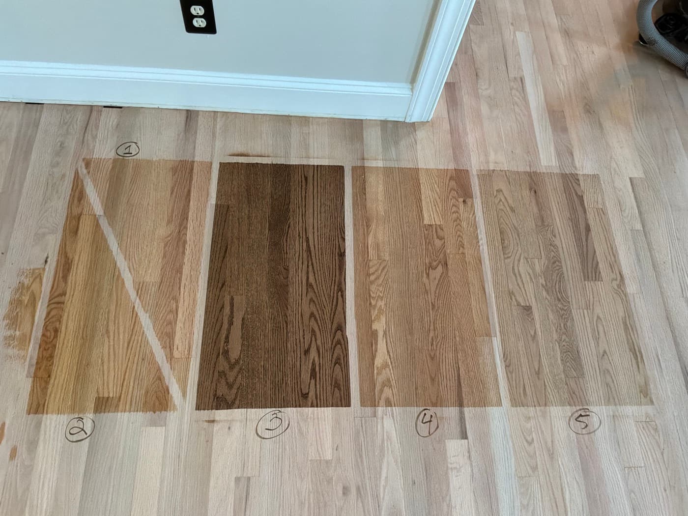 Red oak stain color comparison Raleigh NC showing five DuraSeal options